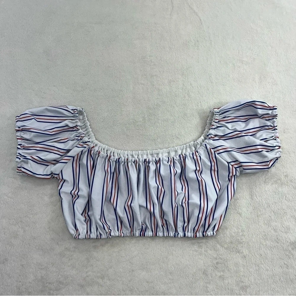 Lovers + Friends Red White Blue Striped Swim Top Size SM Ruffle Cap Sleeve Crop